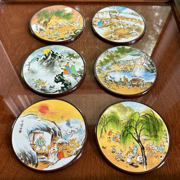 Set of 6 Vintage Korean Art Coasters – Yeon See Hee Folk Scene Series - Picture 2 of 10